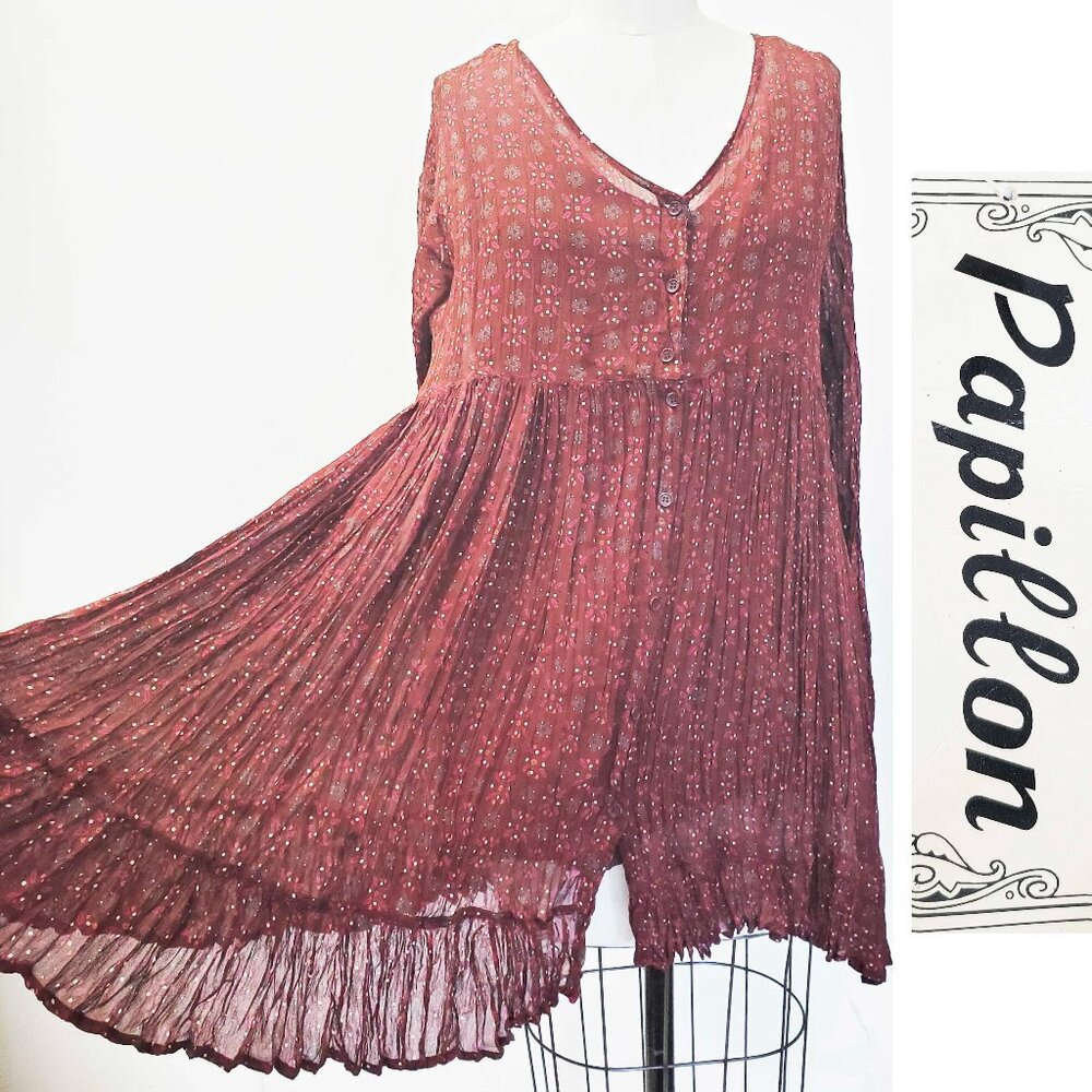 Papillion Womens Vintage 90s Boho Hippie Dress Crinkle Chiffon Tunic Dress NWT